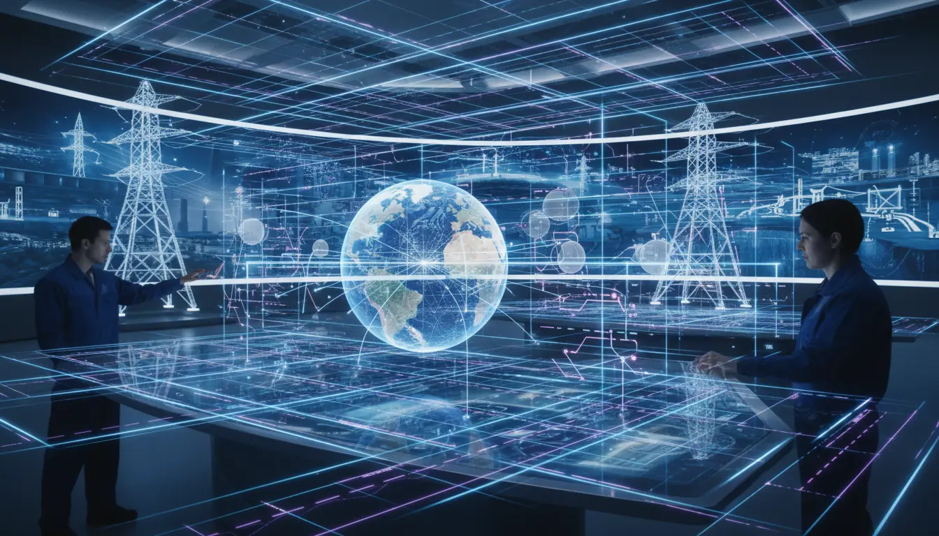 Illustrative scene: two grid operators working with a real-time network and generation display