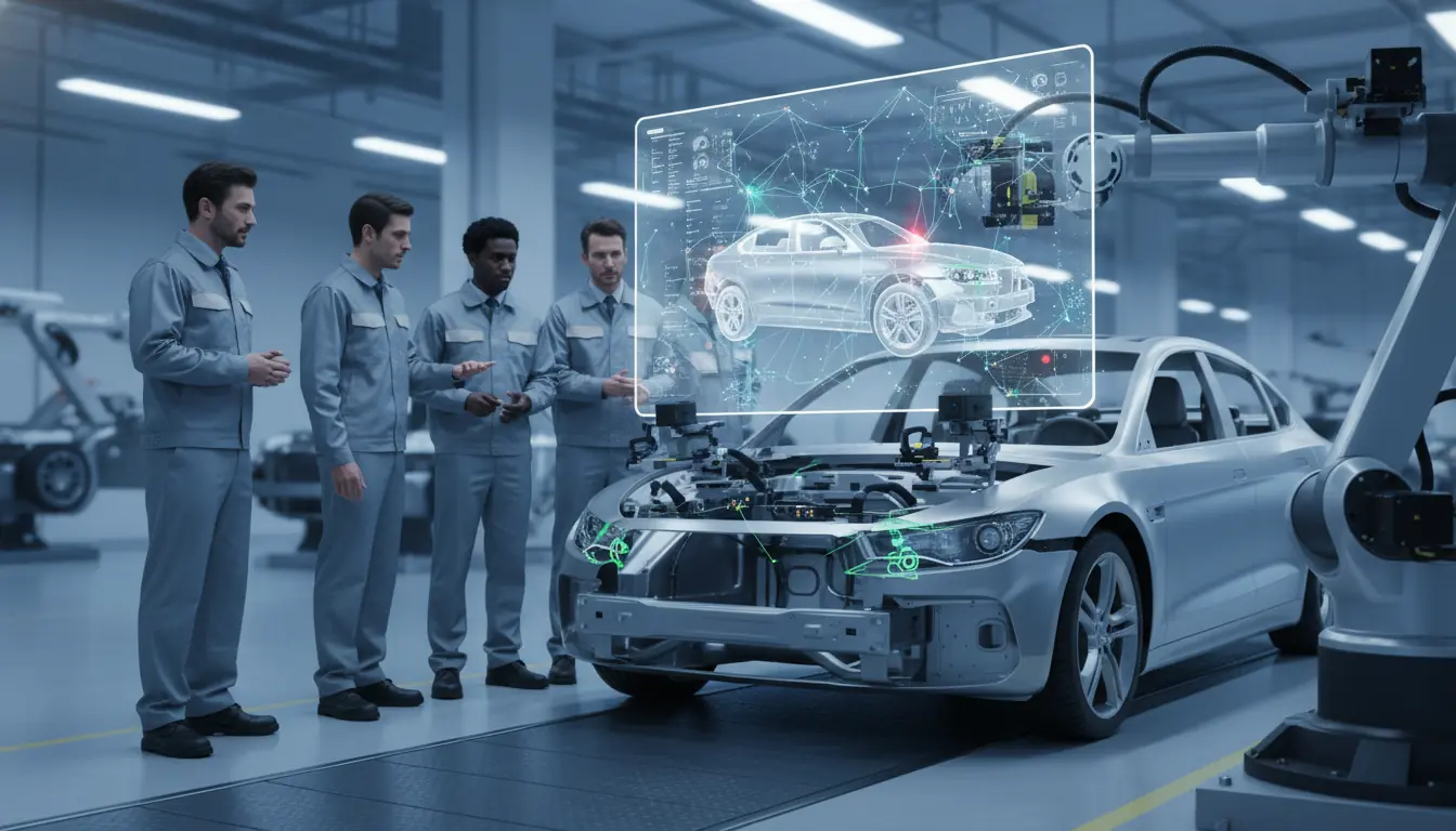 Illustrative scene: production engineers reviewing a networked vehicle inspection dashboard on the assembly floor