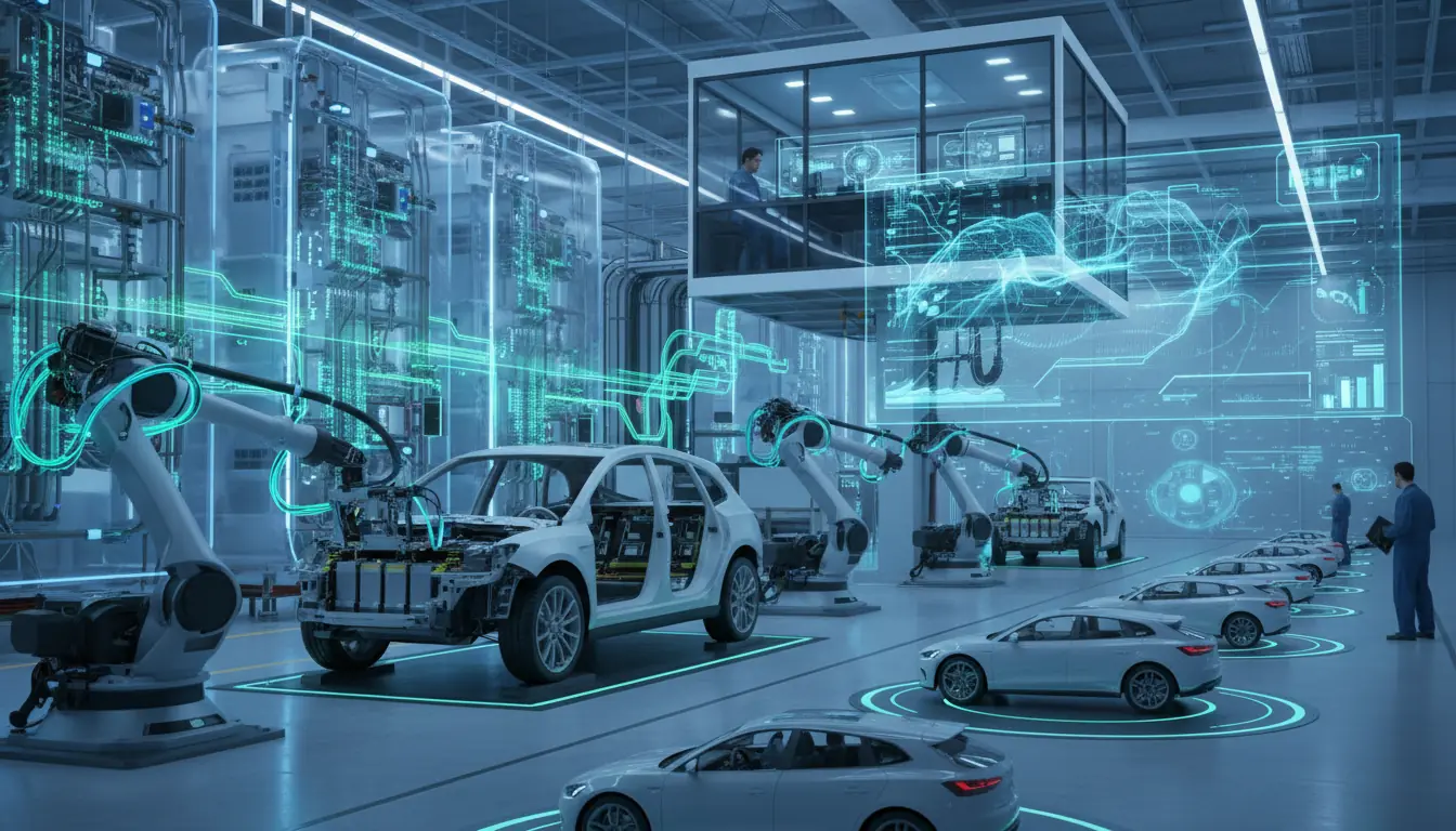 Illustrative scene: automotive production network with plant data converging into one shared platform