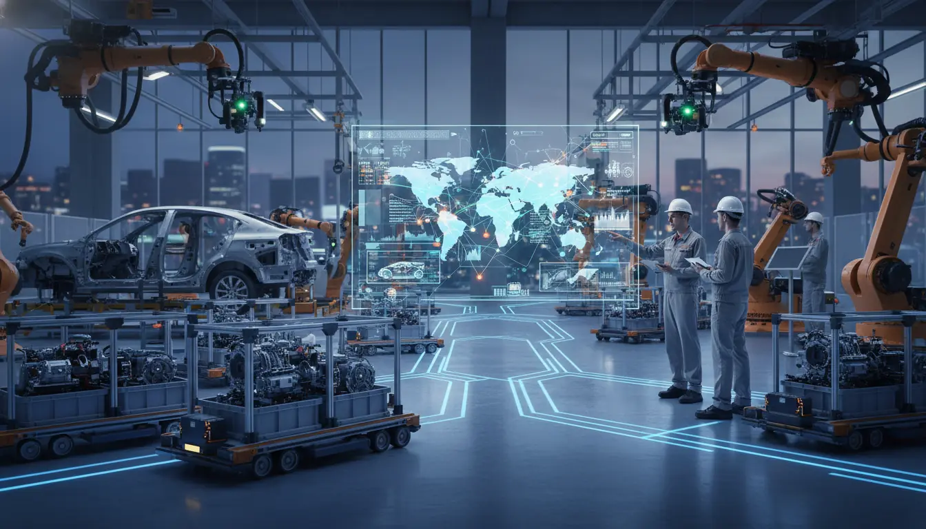 Illustrative scene: engineers with tablets beside orange robot arms and parts trolleys, consulting a world-map data panel