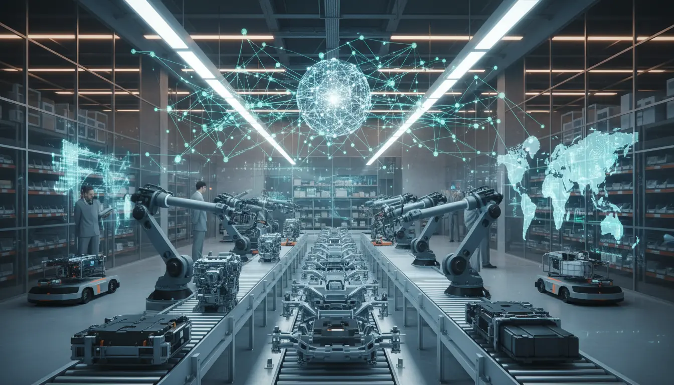 Illustrative scene: robotic arms over twin conveyor lines of chassis modules beneath a network-graph overlay and world map