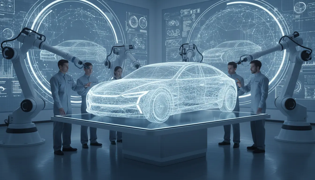 Illustrative scene: a vehicle assembly environment with energy and emissions data displayed alongside the line