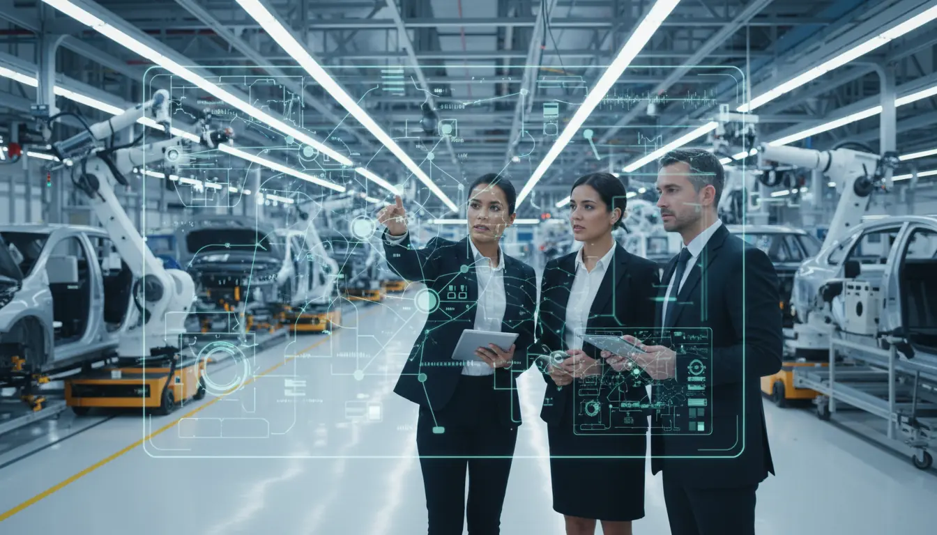 Illustrative scene: supply-network specialists reviewing a cross-tier data flow overlay on an assembly floor